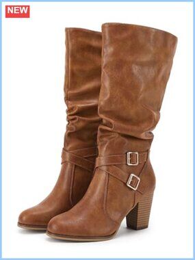 Faux Leather Knee High Boots Chunky Heel Slouchy Metal Buckle Side Zipper